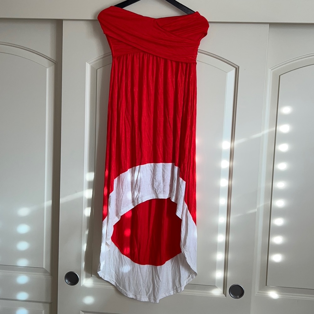 Papaya orange and white strapless high-low dress in size large